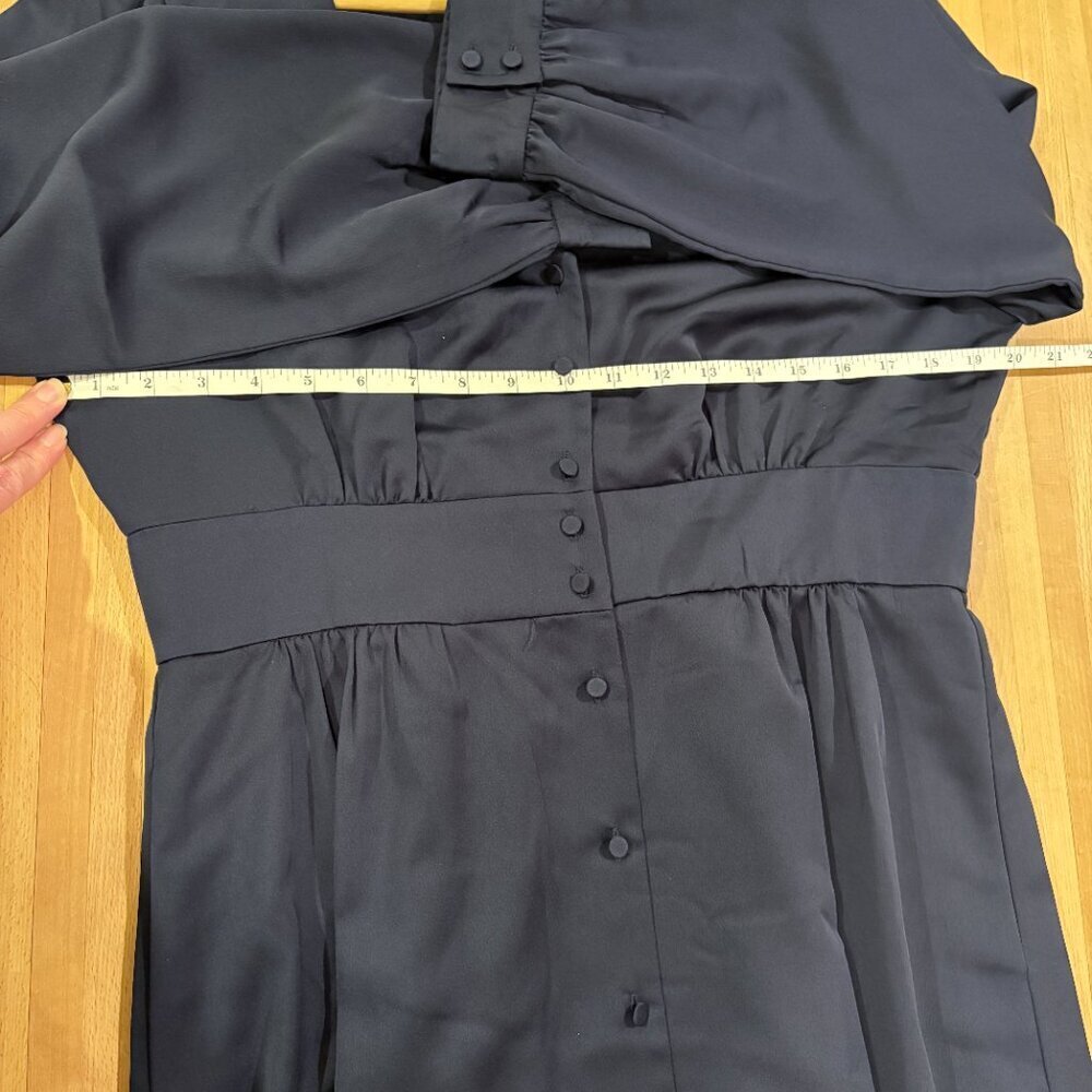 J Crew Satin Navy Long Sleeve Midi Dress Button Down Holiday Elegant - Picture 10 of 12
